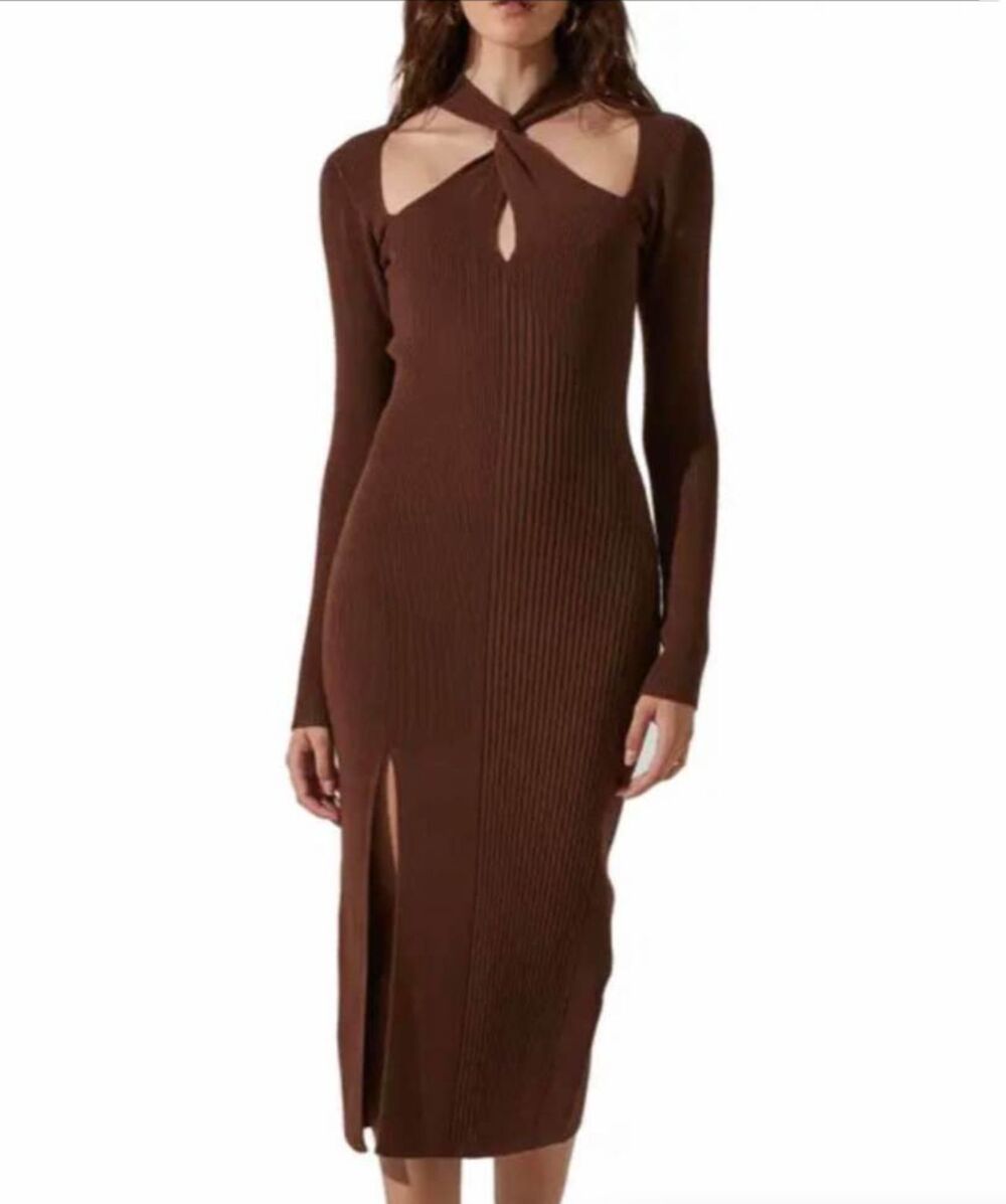 ASTR The Label Womens S Brown Ribbed Knit Midi Dress Twist Neck Cutout Slit Long